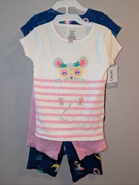 🆕 Carter's White Pink Blue 4 Pc Mouse Pajamas Set Short Sleeves Shorts 24 Month